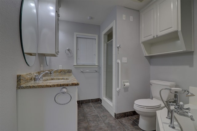 bathroom with tile patterned flooring, vanity, toilet, and an enclosed shower