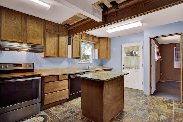 kitchen featuring dishwasher, a kitchen island, stainless steel electric stove, and sink