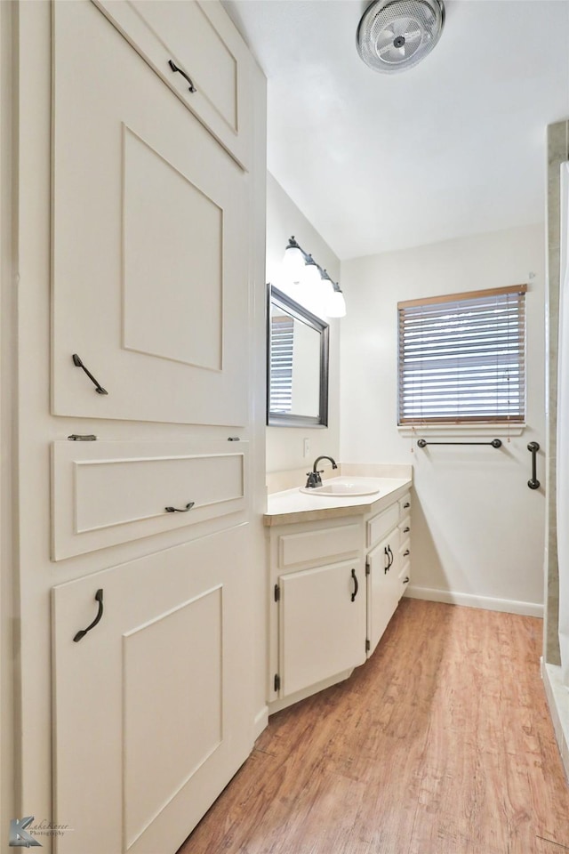 bathroom featuring vanity and wood-type flooring