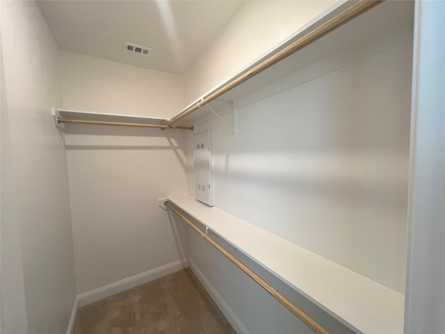 walk in closet featuring visible vents and carpet