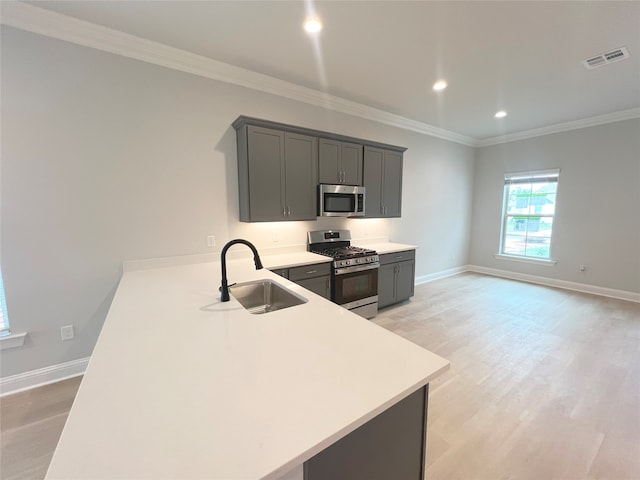 kitchen with light wood-type flooring, ornamental molding, stainless steel appliances, sink, and gray cabinetry