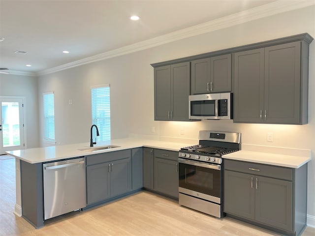 kitchen featuring kitchen peninsula, stainless steel appliances, and gray cabinetry