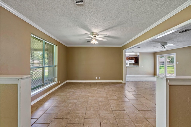 unfurnished living room with crown molding, ceiling fan, and light tile patterned flooring