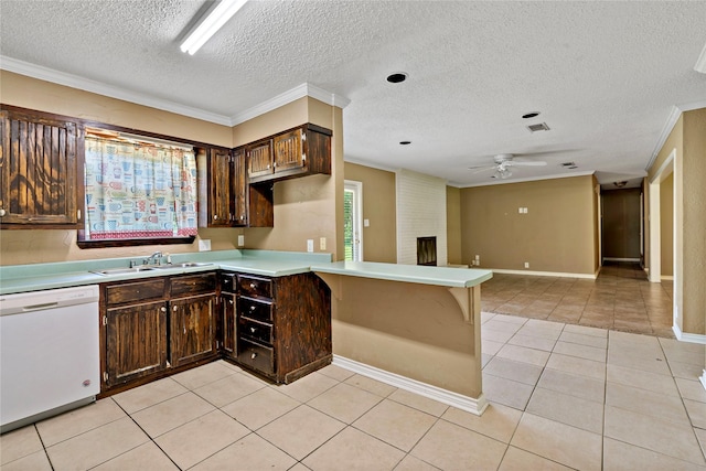 kitchen featuring kitchen peninsula, white dishwasher, crown molding, sink, and light tile patterned floors