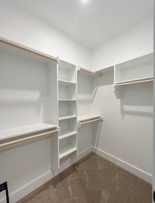 spacious closet featuring dark carpet