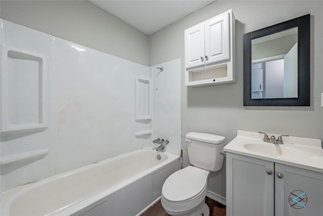 full bathroom featuring vanity, toilet, shower / tub combination, and hardwood / wood-style flooring