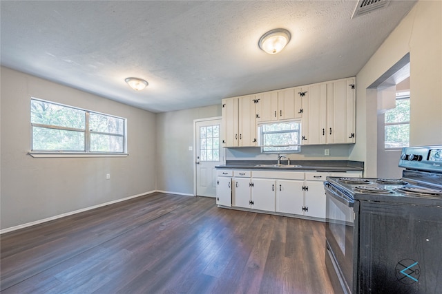 kitchen featuring plenty of natural light, electric stove, a textured ceiling, and dark wood-type flooring