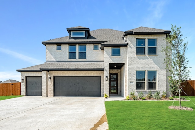 view of front of house with a front lawn and a garage