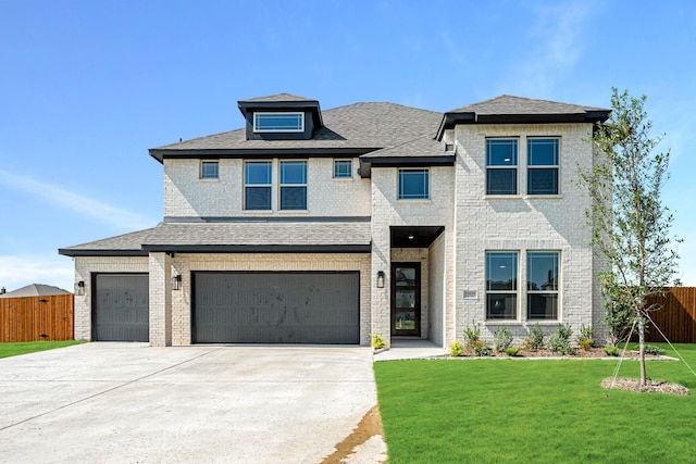 prairie-style house featuring fence, brick siding, a garage, a front yard, and concrete driveway