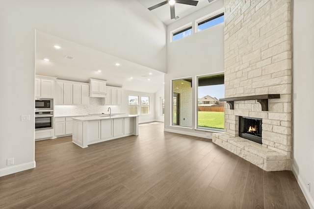 unfurnished living room with sink, a stone fireplace, a wealth of natural light, and dark hardwood / wood-style flooring