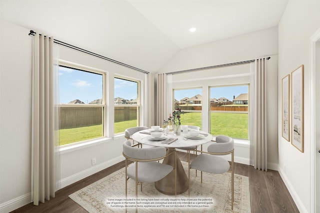 dining room with vaulted ceiling and dark hardwood / wood-style flooring