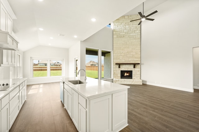 kitchen featuring white cabinets, sink, dark wood-type flooring, and an island with sink