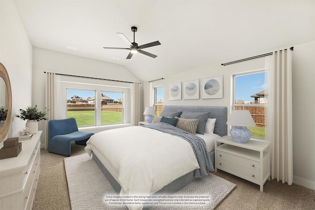 carpeted bedroom featuring a ceiling fan, baseboards, and vaulted ceiling