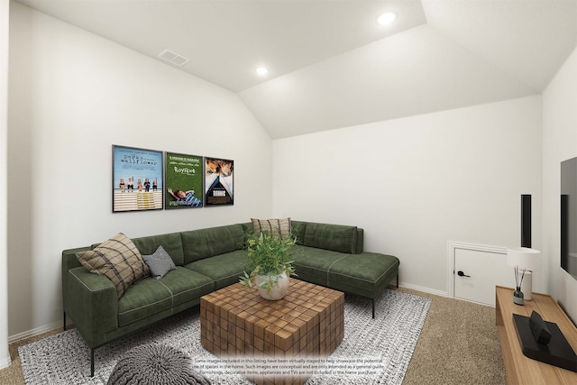 carpeted living room featuring lofted ceiling