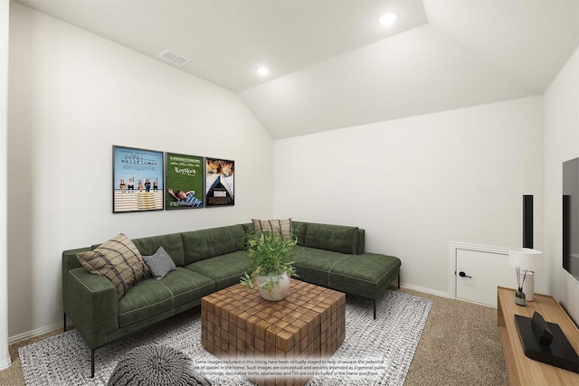 living room with baseboards, visible vents, carpet, and lofted ceiling