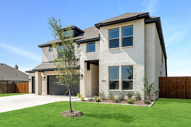 view of front of home featuring brick siding, an attached garage, fence, and driveway