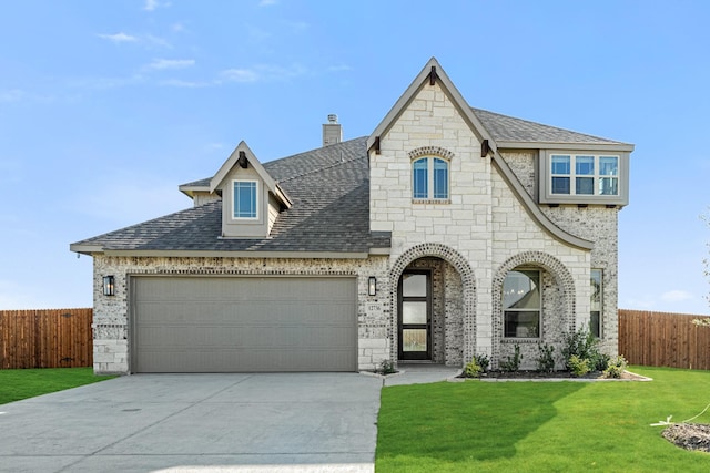 french country home featuring driveway, fence, a front lawn, an attached garage, and stone siding