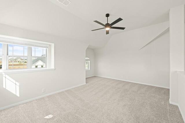 12736 Ruger Rd, Godley, TX 76044 - bonus room with carpet floors, visible vents, baseboards, a ceiling fan, and vaulted ceiling