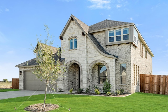 french country style house with fence, a shingled roof, brick siding, a front yard, and concrete driveway