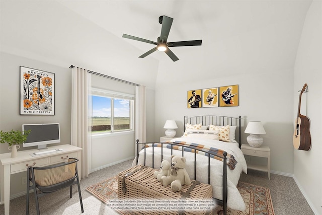 carpeted bedroom featuring baseboards, a ceiling fan, and lofted ceiling