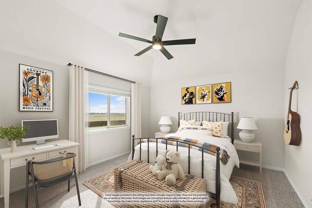 12736 Ruger Rd, Godley, TX 76044 - carpeted bedroom featuring baseboards, a ceiling fan, and lofted ceiling