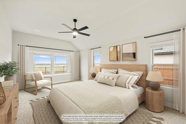 carpeted bedroom featuring lofted ceiling and ceiling fan