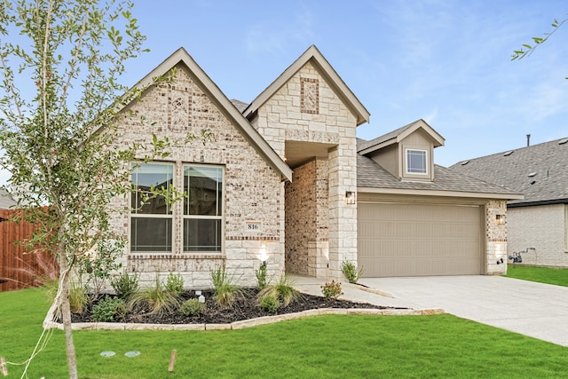 view of front of home featuring a garage and a front lawn