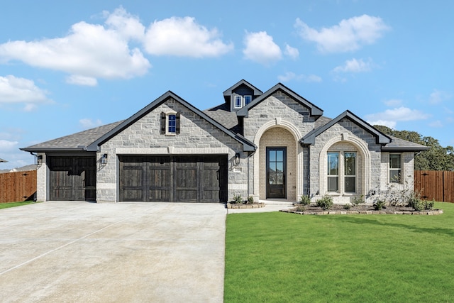 french country home with a garage and a front lawn