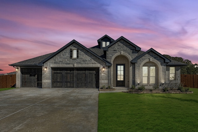 french country inspired facade with a yard and a garage