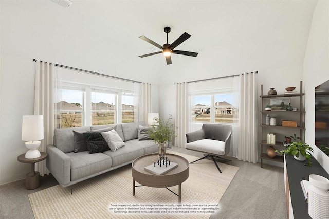 2500 Fischer Ln, Mansfield, TX 76063 - living room featuring ceiling fan, light colored carpet, plenty of natural light, and a towering ceiling