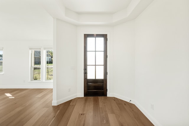 entryway with light hardwood / wood-style floors and a raised ceiling