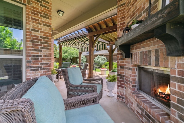 view of patio with an outdoor brick fireplace