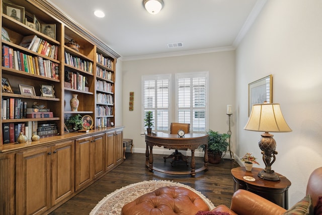 office area featuring crown molding and dark hardwood / wood-style flooring