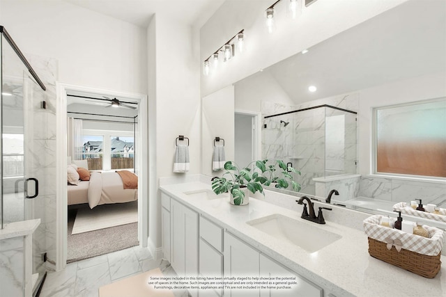 bathroom with vanity, lofted ceiling, ceiling fan, and an enclosed shower