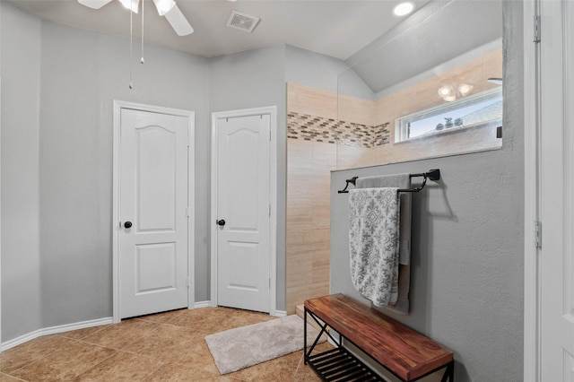 mudroom featuring light tile patterned floors and ceiling fan