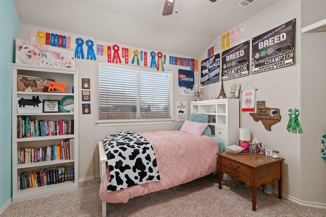 carpeted bedroom with ceiling fan and lofted ceiling