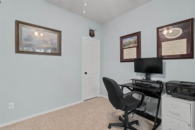 office area featuring light carpet