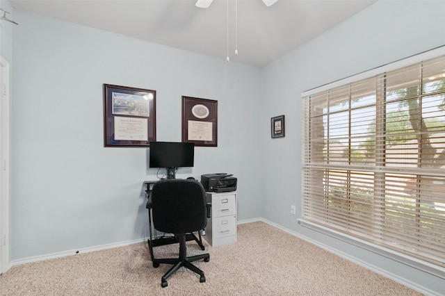 office featuring carpet flooring and ceiling fan