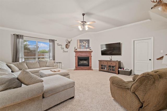 living room with crown molding, carpet, lofted ceiling, and ceiling fan