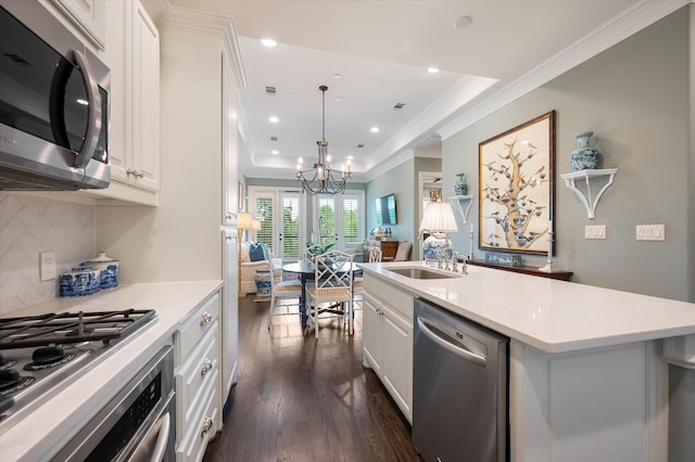 kitchen with stainless steel appliances, backsplash, ornamental molding, a sink, and white cabinetry