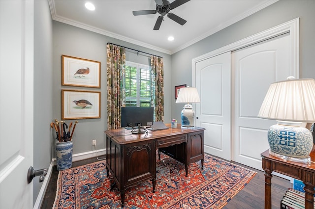 office area with ceiling fan, ornamental molding, and wood-type flooring