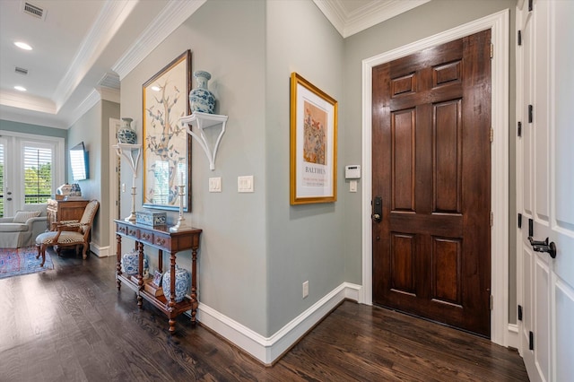 entrance foyer with crown molding, baseboards, dark wood-style flooring, visible vents, and recessed lighting