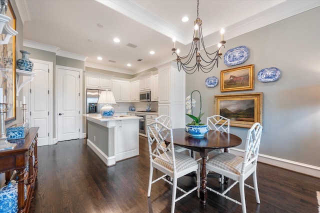 dining room featuring crown molding, a chandelier, baseboards, dark wood-type flooring, and recessed lighting