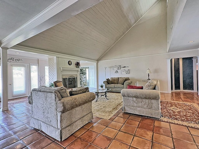 living room with tile patterned flooring, wood ceiling, and high vaulted ceiling