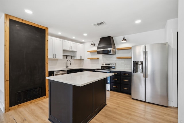 2905 Bilglade Rd, Fort Worth, TX 76133 - kitchen with appliances with stainless steel finishes, open shelves, a sink, exhaust hood, and white cabinetry