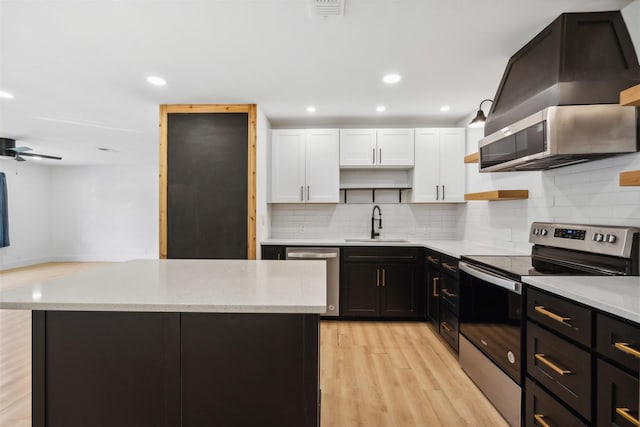 2905 Bilglade Rd, Fort Worth, TX 76133 - kitchen featuring appliances with stainless steel finishes, open shelves, exhaust hood, a sink, and white cabinets