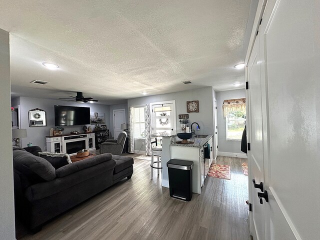 living room featuring ceiling fan, sink, a textured ceiling, and hardwood / wood-style flooring