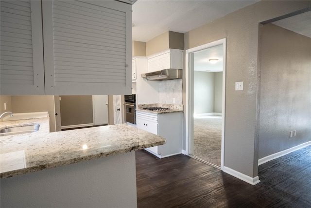 kitchen featuring light stone countertops, dark hardwood / wood-style floors, white cabinetry, and sink