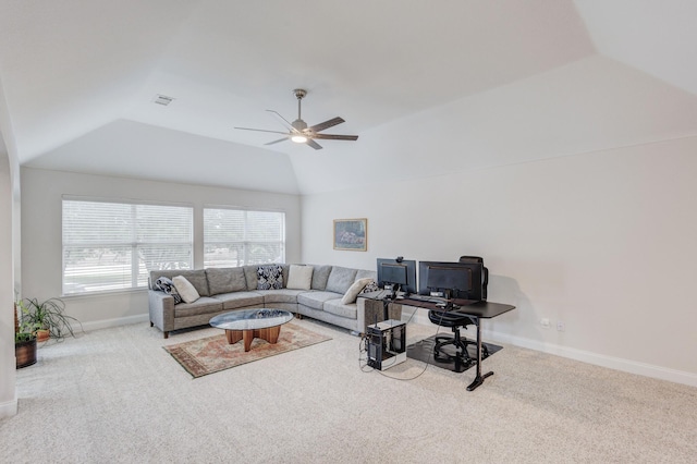 living room featuring light carpet, lofted ceiling, and ceiling fan