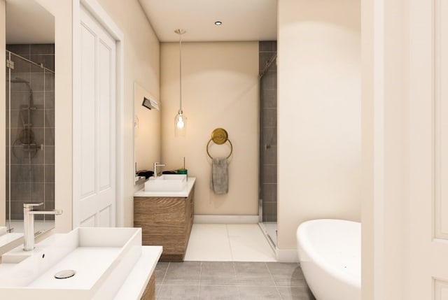 bathroom featuring tile flooring, vanity, and a shower with door